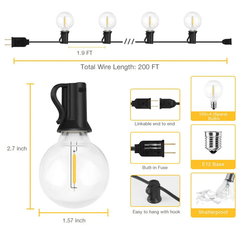 200Ft Outdoor String Lights With 104 G40 LED Bulbs Shatterproof Waterproof And UL Listed Connectable Patio Lights diagram