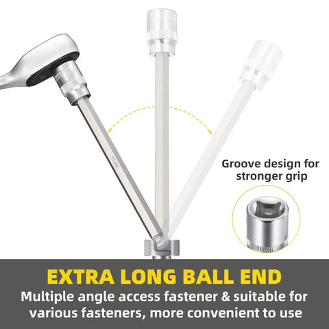 Extra Long 3/8 Inch Drive Hex Bit Socket Set showing ball end design with groove for grip