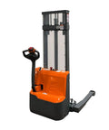 Heavy Duty 2640 Lb Electric Pallet Stacker With 118 Inch Max Lifting Height Material Handler for warehouses with ergonomic handle.