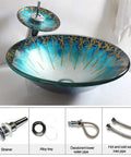 USZWBY Blue and Gold Pattern Tempered Glass Vessel Sink for Bathroom Countertop Basin Sink Mounted Bowl with faucet and plumbing parts.