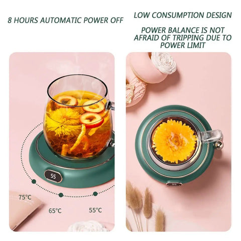 Major Game Changer Usb Coffee Mug Warmer With Adjustable Temp Knobs And Splash Proof Base Keeps Your Daily Brew Absolutely Fire Hot All Week Long Zero Fuss Desktop Cup Heater, green design with glass mug.