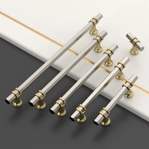 10 Pack 3 Inch Cabinet Pulls In Brushed Satin Nickel And Gold Two Tone Finish on black and white background