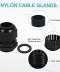 PG21 Nylon Cable Glands 10 Pack Waterproof Cord Grip Connectors With Washers Gaskets And Locknuts For 13 To 18mm Wire Grommets Junction Box Black Ideal For Electrical Panels And Outdoor Use Pro Grade Sealing showing components.