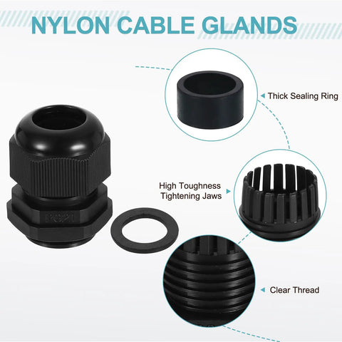 PG21 Nylon Cable Glands 10 Pack Waterproof Cord Grip Connectors With Washers Gaskets And Locknuts For 13 To 18mm Wire Grommets Junction Box Black Ideal For Electrical Panels And Outdoor Use Pro Grade Sealing showing components.