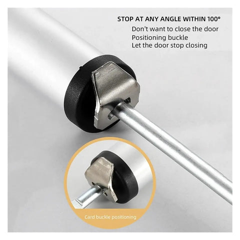 Close-up of the 35kg Adjustable Aluminum Alloy Automatic Door Closer with gas spring and 100 degree position stop feature.