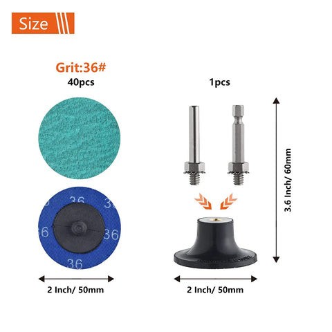 Size breakdown of Quick Change Grinding Disc Set With 40 Pieces 2 Inch Twist On Sanding Discs 36 Grit Green Zirconia Coated.