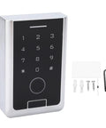 Top Shelf Outdoor Smart Fingerprint Keypad Door Access Controller With Rfid Card Swipe And Mobile App Remote Unlock, featuring numeric keypad and installation hardware.