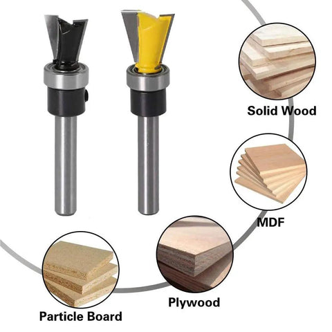 Top Shelf Carbide Dovetail Router Bit Set Two Piece Kit showing black and yellow bits for wood, MDF, and plywood cutting.