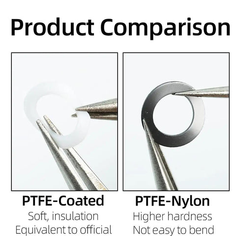 Product comparison of Top Shelf PTFE Coated Nylon Washers 5X8X0 5Mm showing soft PTFE-Coated and hard PTFE-Nylon materials.
