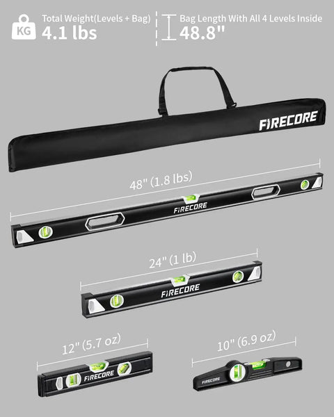 Top Tier 4 Piece Shockproof Spirit Level Set With Super Grippy Magnetic Hold And Exposed Round Magnets That Clamp Down Solid On Steel Beams For Roughneck Carpentry And Weekend Warrior Builds