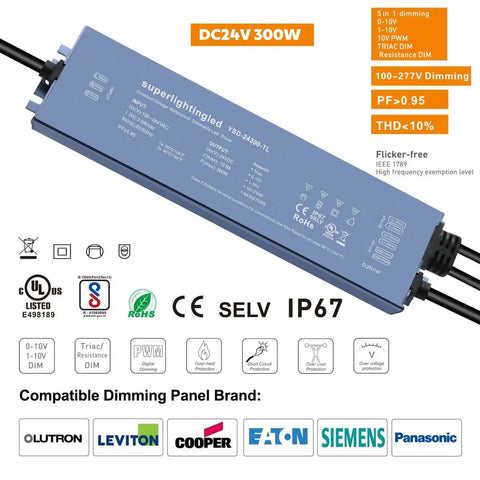 24V 300W LED Power Supply With Five In One Dimming, UL Listed Outdoor IP67 Waterproof Transformer for DMX LED Wash Wall Lights
