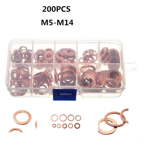 Copper Flat Washers Set For Screws, Rust Resistant Gasket Shims, Heavy Duty Kit With 100 120 200 280 300 Pieces For Auto DIY And Home Projects, Keeps Fasteners Stable And Spreads Pressure. 200pcs M5-M14 in storage box