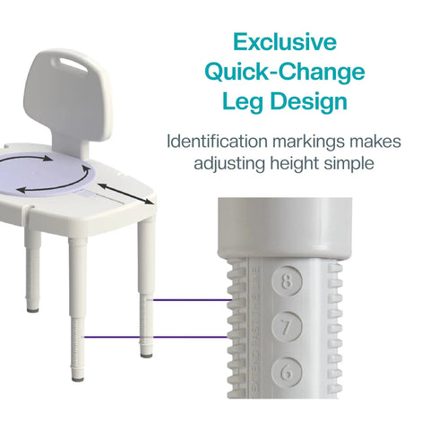 Beefy Sliding and Rotating Shower Bench With Back White Bariatric Safe Height Adjustable Legs Quick-Change Leg Design