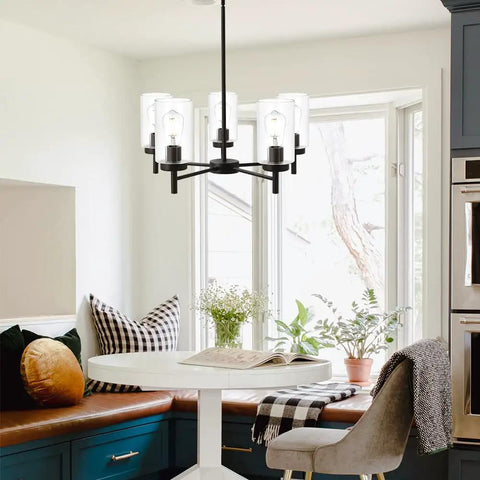 Contemporary 5-Light Large Chandelier In Oil Rubbed Bronze With Clear Glass Shades, Dimmable And Height Adjustable in dining room