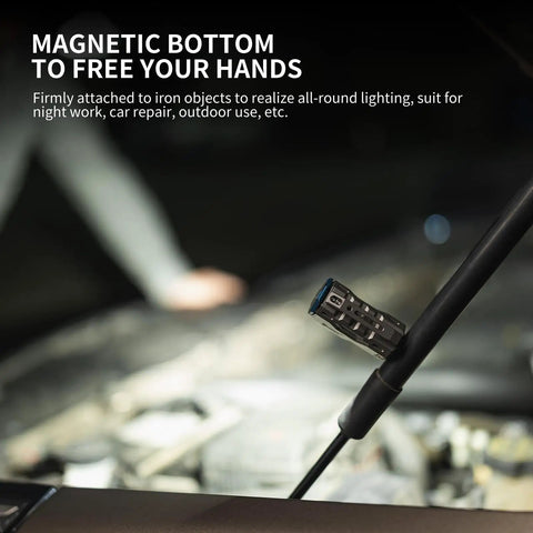 Rechargeable Mini EDC Flashlight With Magnet attached to car hood, hands-free lighting for repairs at night, right angle design