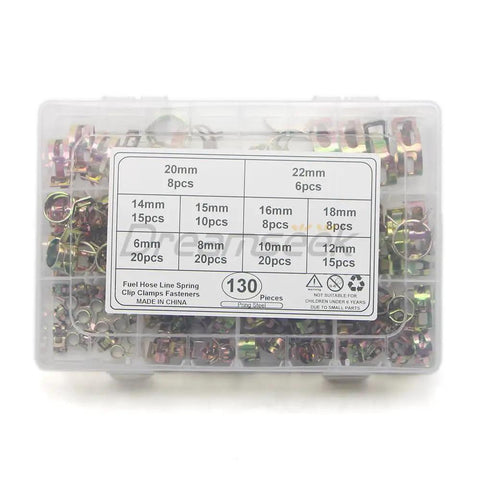 Grab This Ultimate 130Pc Hose Spring Clamp Fastener Assortment Kit With Ten Sizes From 6 To 22mm For Tough Auto Repairs And DIY Jobs Featuring Durable Spring Steel Construction That Holds Up Great. clear plastic case with 130 spring steel hose clamps, 6mm to 22mm sizes