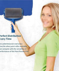 Seamless Paint Roller Brush With Integrated Flocked Edger Skip The Masking Tape For A Crisp Pro Level Edge Just Pour And Paint Any Interior Wall Quick Drying Low Odor Formula Makes Nailing Your Diy Projects A Breeze Today, showing user holding roller against blue wall.