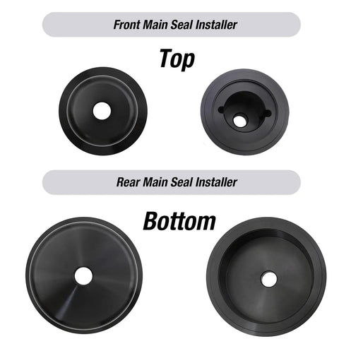 Front and rear main seal installer components for 6.6L Main Crankshaft Seal Driver Kit Front and Rear Seal Installer For 2001 2016 Diesel Engines LB7 LLY LBZ LMM LML Premium Quality Tool Set Heavy Duty, showing top and bottom view.