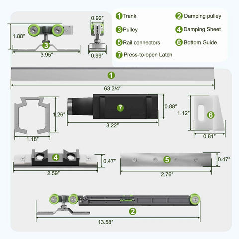 Five Point Three Foot Pocket Door Track Kit With Soft Close And Soft Open Aluminum Commercial Grade Sliding Hardware diagram.