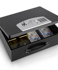 Rugged Portable Metal Safe Box With Digital Code Lock For Documents And Valuables Fire Resistant Safe For Car Home Office And Outdoor Use Large Black Security Box open showing contents.