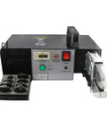 Job Site Ready Automatic Electric Wire Crimping Machine With Swap Out Die Set And Ergo Comfort Grip Handle For No Sweat Preinsulated Terminal Work On Cable Gauges, front view with control panel and dies