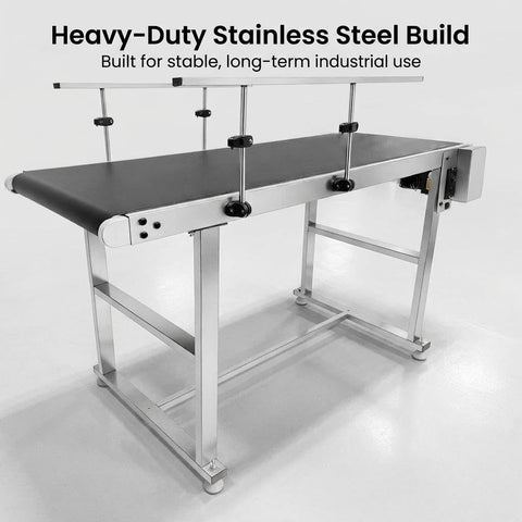 Industrial Stainless Steel Conveyor System with 59 Inch Motorized PVC Belt shown from side view