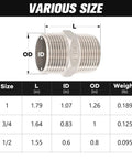 1" Male Hex Nipple Pipe Fittings, 304 Stainless Steel 1 inch NPT Threaded Pipe Adapter Size Chart