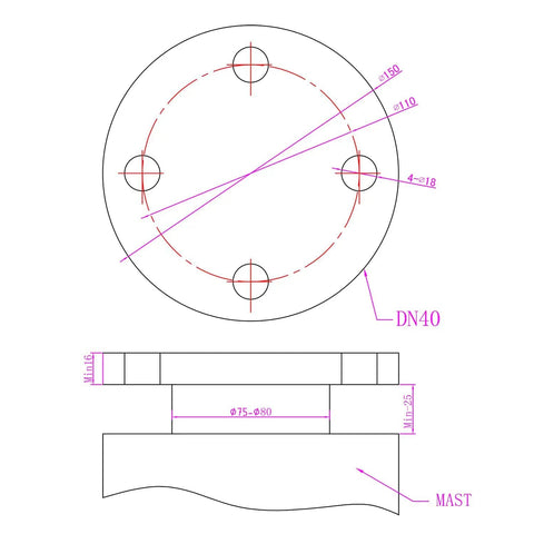 Technical diagram of Kickin 2000W Wind Turbine Kit With 48V Off Grid System mast and flange dimensions.