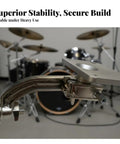 Electronic Drum Module Mounting Plate With Universal Clamp for drum sets, metal clamp close-up with drums in background.
