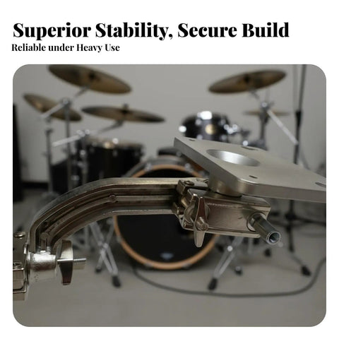 Electronic Drum Module Mounting Plate With Universal Clamp for drum sets, metal clamp close-up with drums in background.