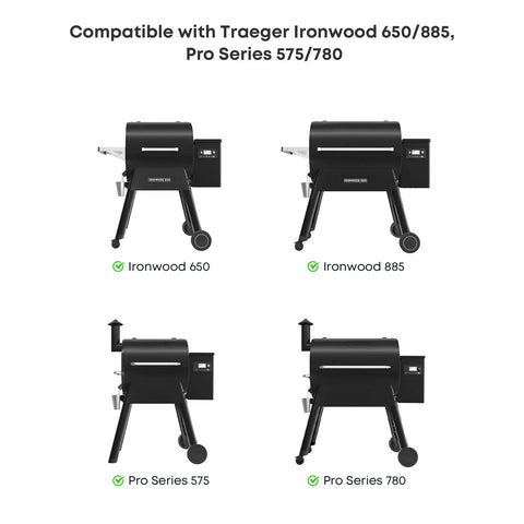Image showing Traeger Ironwood 650, 885, and Pro Series 575, 780 grills compatible with RTD Probe Replacement For Traeger Ironwood 650 885 And Pro Series 575 780 Upgrade Thermocouple Sensor Kit KIT0422 For Accurate Grill Temp Readings And Easy Install.