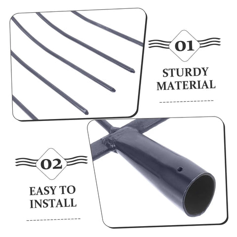 Close-up of tines and handle of handheld manure fork multi functional farm tool for easy lawn maintenance and manure clearing.