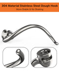 Close-up view of stainless steel dough hook replacement for 5 and 6 quart bowl lift stand mixers, highlighting the durable 304 material.