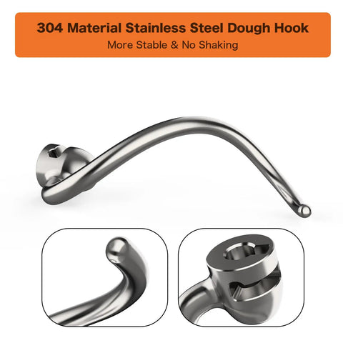 Close-up view of stainless steel dough hook replacement for 5 and 6 quart bowl lift stand mixers, highlighting the durable 304 material.