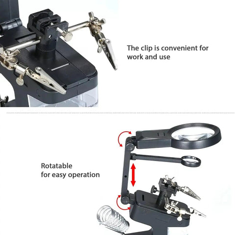 Rechargeable Work Light LED Magnifier Lamp with adjustable arm, desk mount, and welding clip for electronics soldering aid