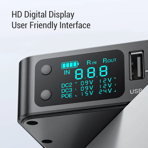 Mini UPS Power Supply Featuring 18000Mah Built In Battery Backup For Home Routers Modems And Security Cameras Equipped With Smart Lcd Display showing input and output voltages.
