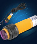 Infrared Through-Beam Photoelectric Switch Sensor 5-30 Cm Range DC 6-36V PNP IR Photoeye shown with black and yellow casing, wires visible