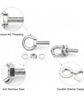M3 Stainless Steel Eye Bolt Kit With Nut And Washers for DIY hanging projects, featuring corrosion-resistant 304 stainless steel.