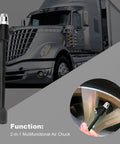 Extended Reach Dual Head Air Chuck Set with quick plug in use on truck tire and depicted in close-up, 1/4 inch FNPT, heavy duty zinc alloy