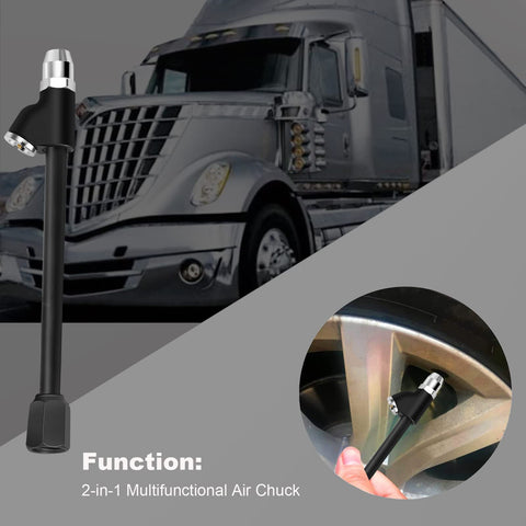 Extended Reach Dual Head Air Chuck Set with quick plug in use on truck tire and depicted in close-up, 1/4 inch FNPT, heavy duty zinc alloy