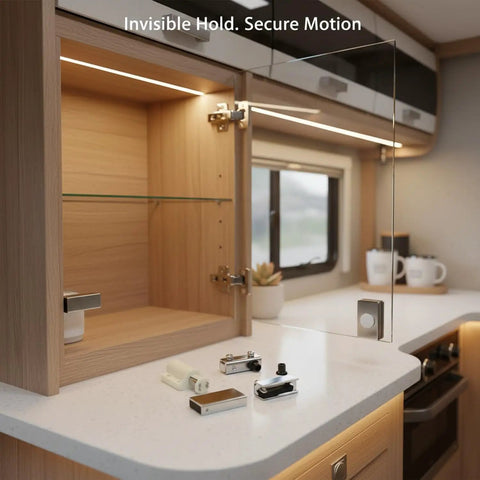 Magnetic Cabinet Catch For Glass Doors And RVs, stainless steel slim profile latch, showing placement in RV interior with open cabinet