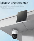 5W Outdoor Security Camera Solar Panel With Micro USB And USB C Ports Solar Charger mounted on a roof with camera