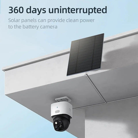 5W Outdoor Security Camera Solar Panel With Micro USB And USB C Ports Solar Charger mounted on a roof with camera