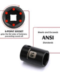 6-point socket from Half Inch Drive Deep Impact Socket Set Workhorse With 15 Metric Sockets From 10Mm To 24Mm And 3 Inch 5 Inch 10 Inch Extension Bars Made From CRV Steel 6 Point Metric Sockets For Auto DIY Projects against ANSI standards graphic