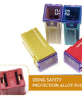 Heavy Duty Automotive Blade Fuses 6 Piece Color Coded Combo Kit With Waterproof Housing 20A To 60A Amp Rating 32V Max Voltage For Cars Trucks SUV showing various blade fuses.