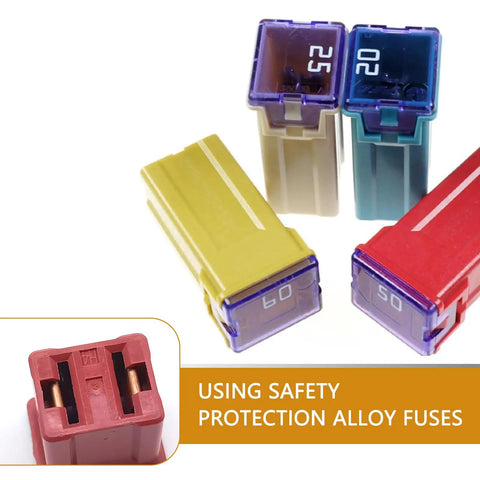 Heavy Duty Automotive Blade Fuses 6 Piece Color Coded Combo Kit With Waterproof Housing 20A To 60A Amp Rating 32V Max Voltage For Cars Trucks SUV showing various blade fuses.
