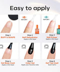 Application steps for Two Piece Nail Prep Kit With Dehydrator And Primer 15 Ml Each Acid Free HEMA Free Strong Bonding Base Coat