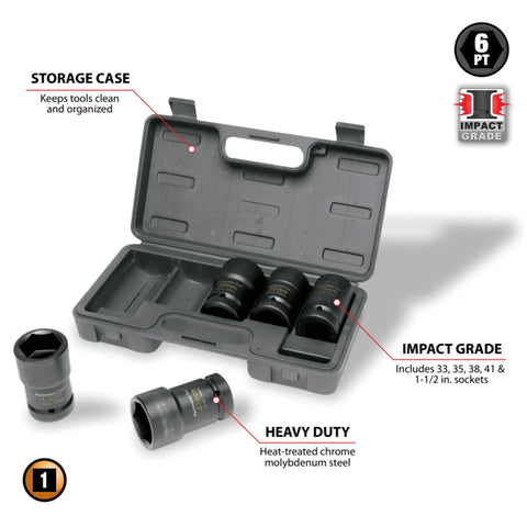 Five Piece 1 Inch Drive Budd Wheel Socket Set Metric And SAE Includes 33 Mm 35 Mm 38 Mm 41 Mm And One And A Half Inch Sockets For Isuzu Mack Volvo White Import Trucks in storage case.