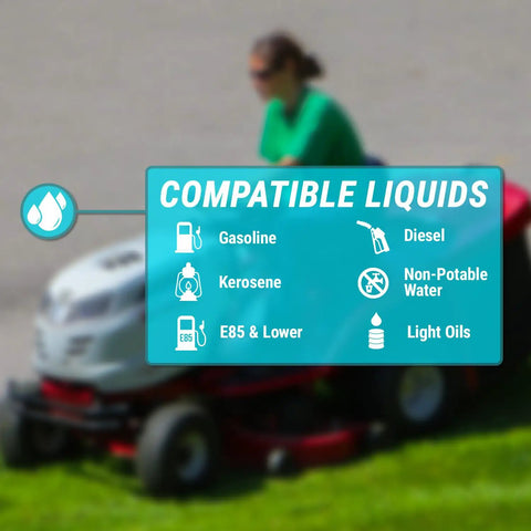 All American Style Battery Powered Stick Pump For Fast Fluid Transfer And Quick Siphoning Of Gas Diesel Antifreeze And Washer Fluid From Jerry Cans showing compatible liquids.