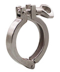 Stainless steel 1.5-inch Tri-Clamp with wing nut and single pin for ferrule, heavy-duty clamp front view